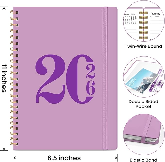 2026 Planner, Weekly and Monthly Calender Planner, Jan 2026 to Dec 2026, Hardcover 2026 Calendar Book with Tabs & Inner Pocket, Office Home School Supplies for Women & Men - A4 (8.5" x 11"), Boho Purple
