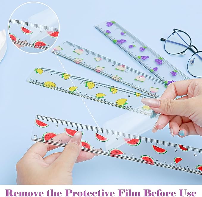 BAYTORY 4Pcs Transparent Acrylic Ruler 12 Inch, Clear Plastic Straight Rulers, Shatterproof Student Stationery Centimeters with Inches, for Classroom Essentials School Supplies (Fruit 12 Inch)