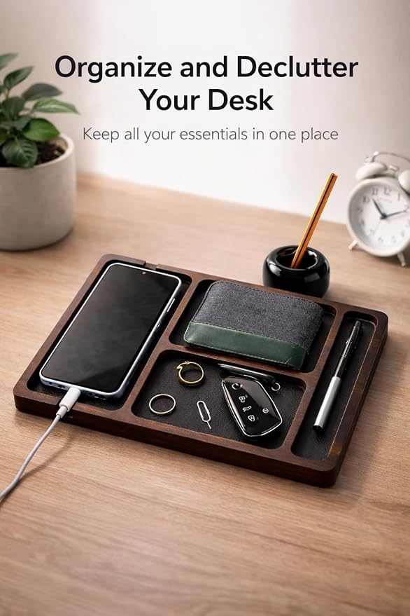 Desk Organizer Tray for Men with Ceramic Pen Holder, Wooden Valet Tray, Minimalist EDC Desk Organizer for Phone, Wallet, & Keys, Nightstand Bedside, Entryway, Birthday Gift for Men, Dad, Husband
