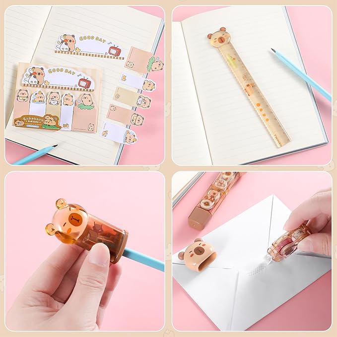 7 Pcs Cute Capybara Stationary Set Kawaii School Supplies Japanese Stationery, Includes Pencil Sharpener, Eraser, Correction Tape, Glue Tape, Sticky Notes, Ruler, for Office School Supplies