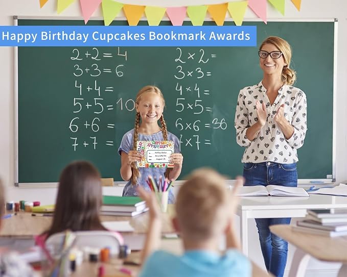 FaCraft Birthday Bookmarks for Students - 36PCS Confetti Cupcakes Birthday Certificates for Kids Classroom Bookmark Awards Gifts from Teacher Kindergarten Preschool Back to School Teacher Supplies