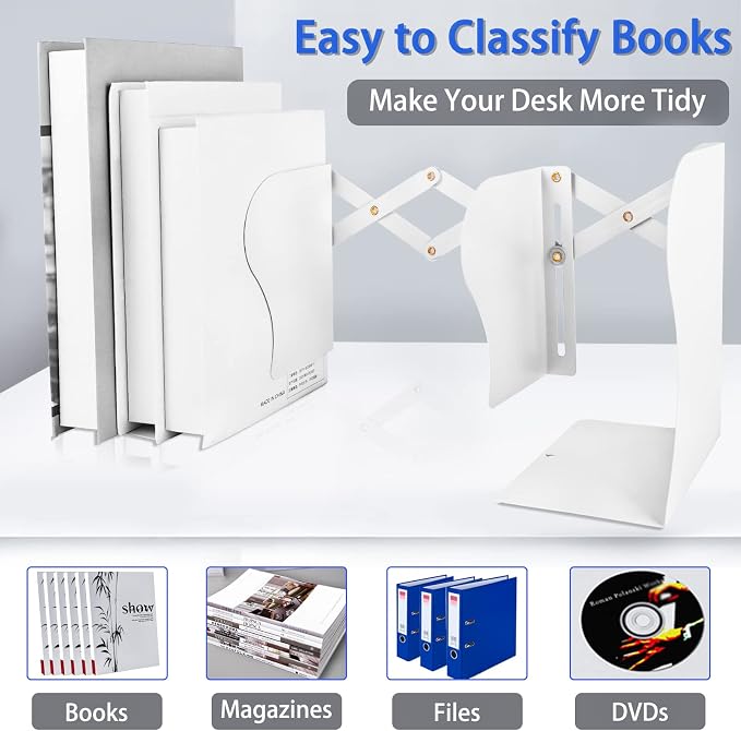 2PCS Carooyac Heavy Duty Bookends to Hold Books - Adjustable Metal Bookends for Shelves - White Book Holders - Extends up to 19