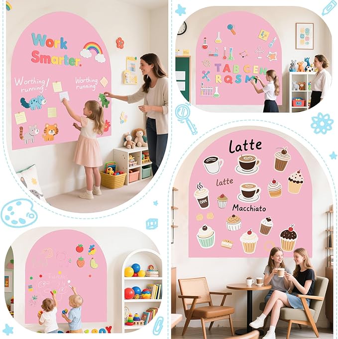 Magnetic Wall Decal for Kids 40x32 Inch Self Adhesive Magnet Arch Chalkboard for Wall Pink Chalkboard Contact Paper Peel and Stick with Letters and 12 Color Liquid Chalk for School Playroom
