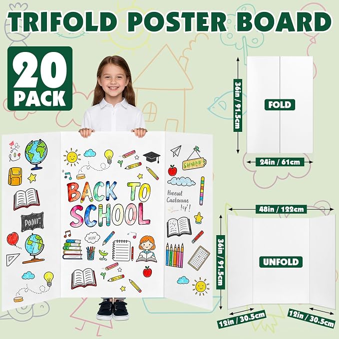 20 Pack Trifold Poster Board, 36in x 48in Corrugated Project Board, White Presentation Board, Trifold Display Board for School Project, Business Presentation, Science Fairs, Event Display