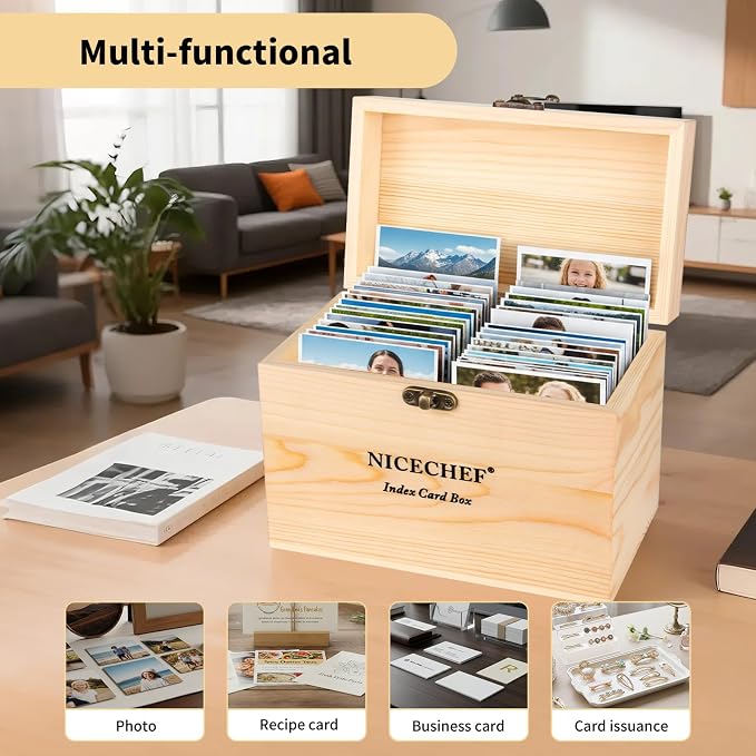 Index Card Holder 4x6, Wooden Recipe Box with 300 PCS Flash Cards Card Organizer,12 White Dividers, 6 Metal Rings, 2 Sticker, for Office, Business, Flashcard Notecard Holders for Home Office