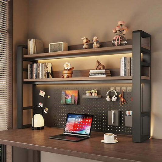 Desk Shelf Organizer for Top of Desk – Desktop Bookshelf with Pegboard & Storage Accessories, Adjustable Hutch for Dorm or Office, Steel Frame Display She Black frame + dark brown board 61*9.8*36.6in