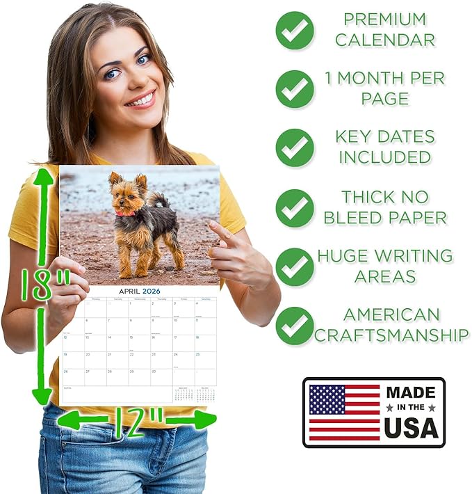 2025 2026 Yorkshire Terrier Calendar - Dog Breed Monthly Wall Calendar - 12" x 18" Open - Thick No-Bleed Paper - Giftable - Academic Teacher's Planner Calendar Organizing & Planning - Made in USA