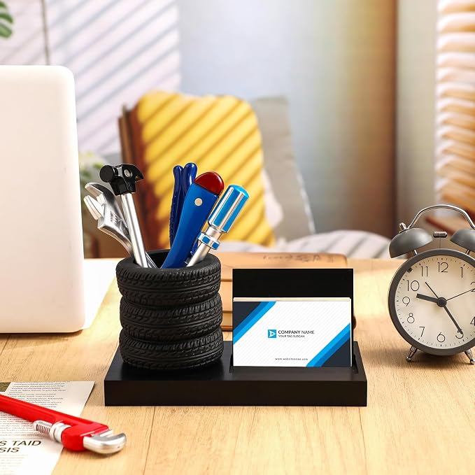 Feifeiya 7 Pcs Tire Pen Holder Tire Shape Funny Desk Accessories Include 6 Pcs Novelty Tool Car Business Card Holder Gift for Men Father's Day Mechanic Car Lover Salesman(Black,Wood)