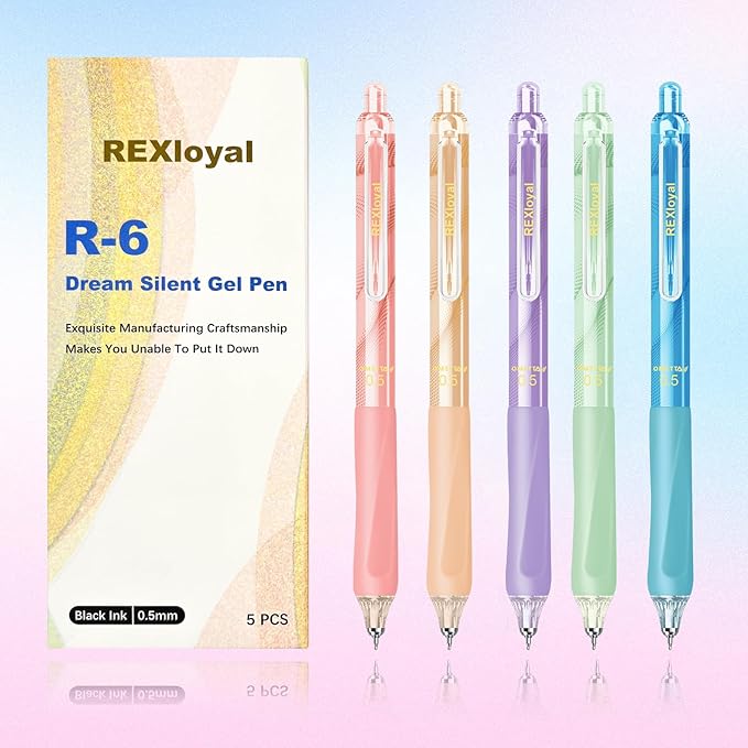 Black Ink Gel Pens: 5 Count Quick dry 0.5mm Fine Point Pens - Smooth Writing Silent Clicker Retractable for School Office & Cute pretty gift
