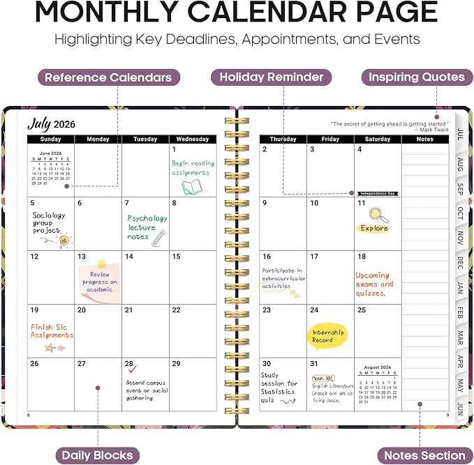Planner 2026–2027, Academic Year Monthly & Weekly Calendar Book, Jul 2026–Jun 2027, Hardcover Organizer with Tabs, Student & Teacher Planner, 8.5" x 11", Wild Bloom