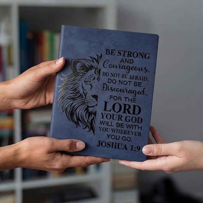 Fuyoooo 4 Pcs Christian Gifts for Men Father's Day Pastor Appreciation Gifts Vintage Leather Hardcover Notebook 1 Timothy 6:11 Religious Bible Verse Pen Joshua 1:9 Bookmark & Box(Lion,Blue)