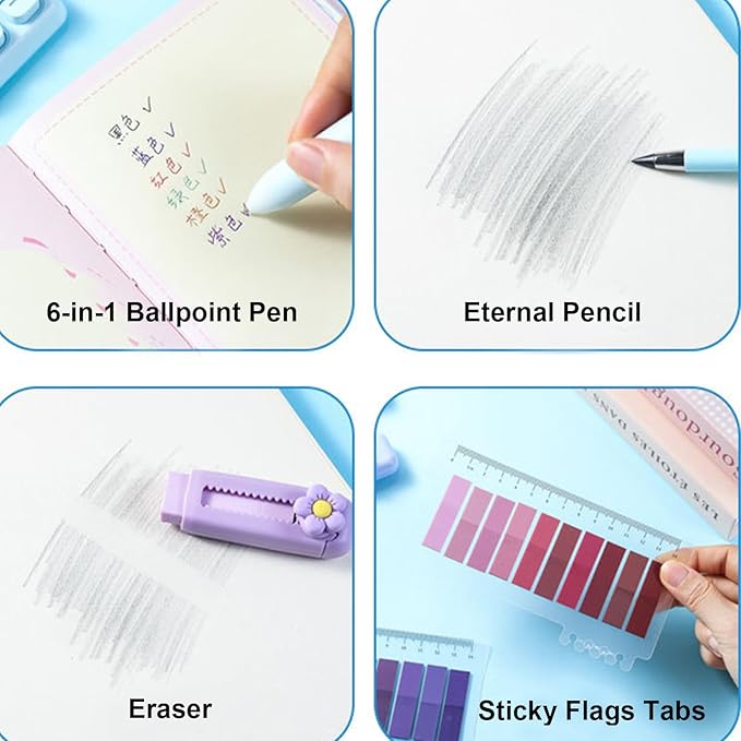 MOZXIRZ 7 Pcs Cute Purple Stationery Set for Women Office Supplies Back to School Supplies Kawaii Stationery Gift Including Pen Pencil Eraser Highlighter (Purple)