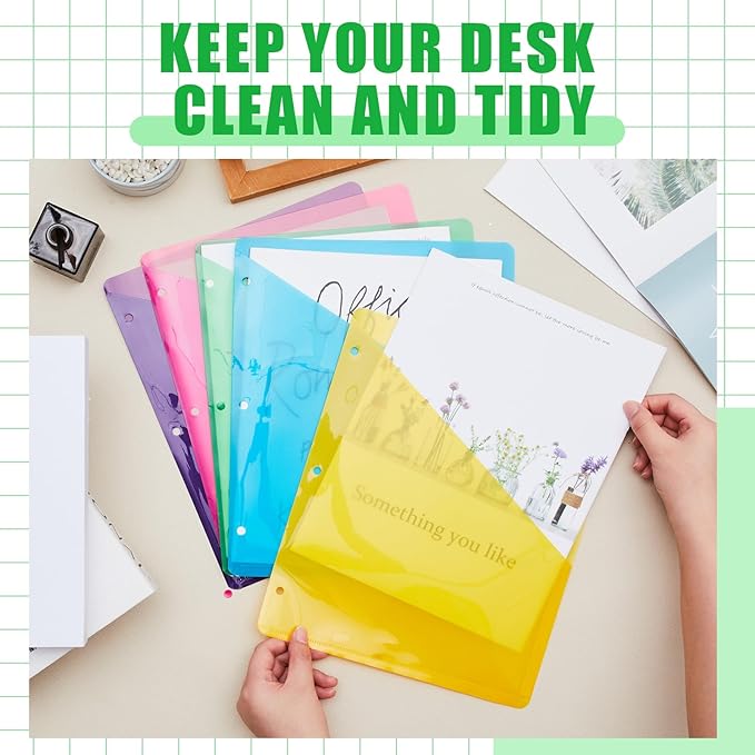 Maitys 50 Pack Binder Pockets 3 Hole Punch Clear Plastic Document Folders Binder Organizer Store Letter Size 8.5x11 Inch Paper Folders with Pockets Slash File Jacket for Office (Neon Colors)