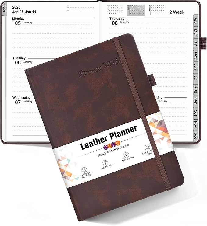 2026 Weekly & Monthly Planner, 12 Months Hardcover Planner from January 2026 - December 2026, Leather Agenda Organizer Book 2026 with Tabs, Daily Calendar Planners for Work School Home, A5 (5.75" x 8.38"), Brown