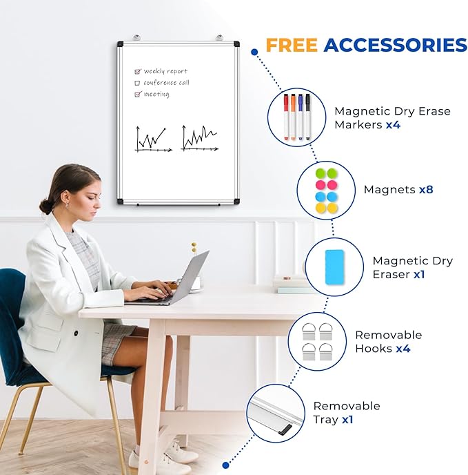 WALGLASS Double Sided White Board Dry Erase, 24''x18'' Small Magnetic Whiteboard for Wall with Aluminum Frame, Hanging Wall Mount Board for Home Office School Kitchen
