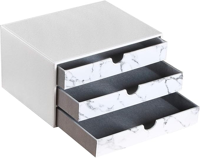 Ayunga PU Leather Desk Organizer with 3 Drawers, Executive Office Supplies Desktop Filing A4 File Cabinet/Holder, Stackable Storage Box for Jewelry/Bill/Paper/Documents/Makeup Home Decor Accessories