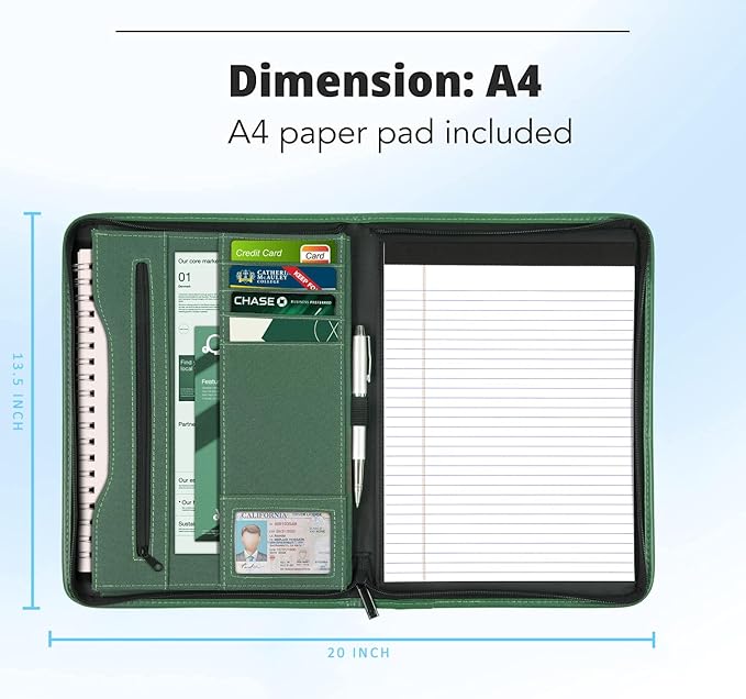 Zippered Portfolio Organizer/ A4 Refillable Lined Writing Notepad Folder Case/Fabric-Covered Padfolio Binder with Interior Storage Pocket for Men Women.Green