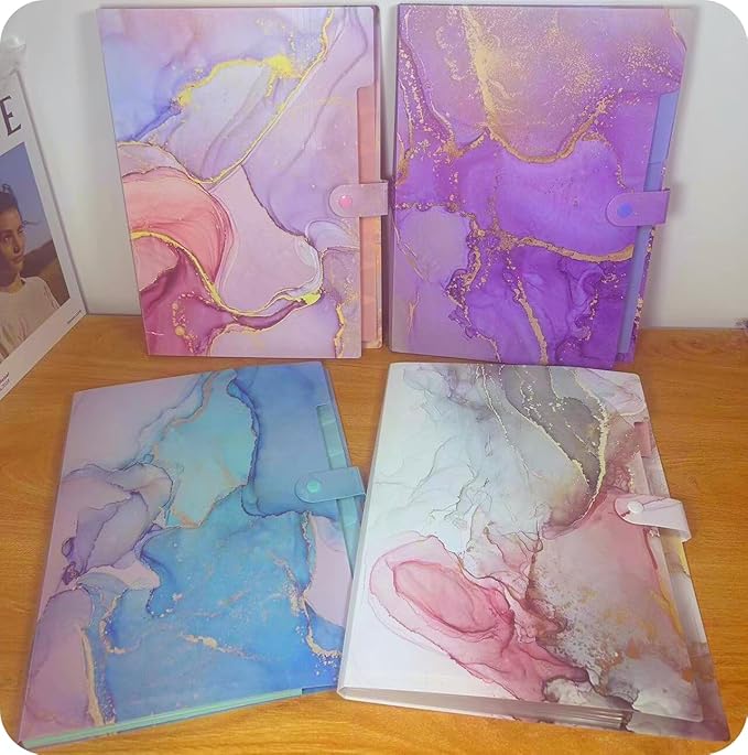 Expanding File Folder, Folders for Important Documents Organizer, Accordion File Organizer, Aesthetic Folders for School Students, 8 Pockets File Folder for Home Bills (Cyan Gold Marble)
