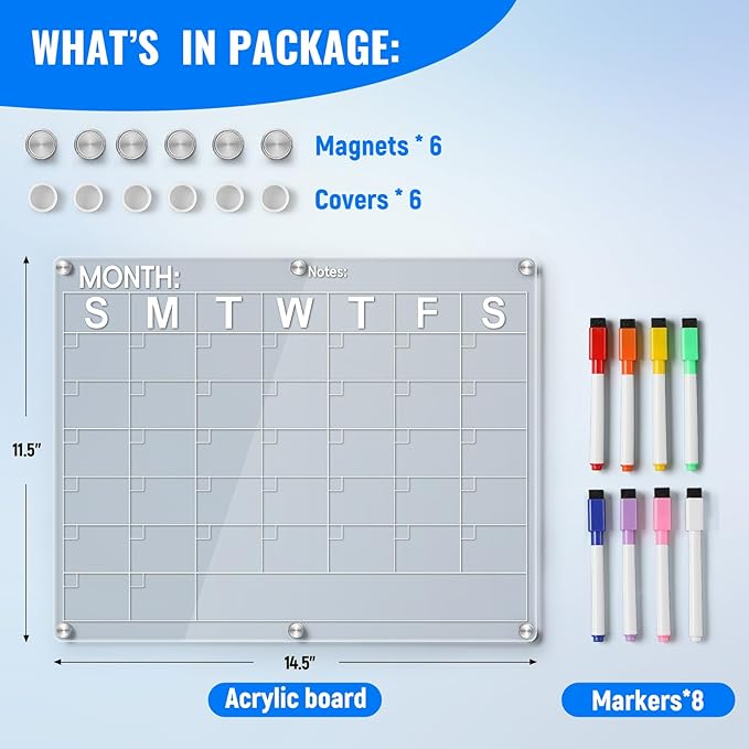 Large Acrylic Magnetic Calendar for Refrigerator, Clear Fridge Calendar with 8 Color Markers, Monthly Planning Board for Business Meetings/Anniversary/Shopping List, Dry Erase - 14.5 * 11.5''