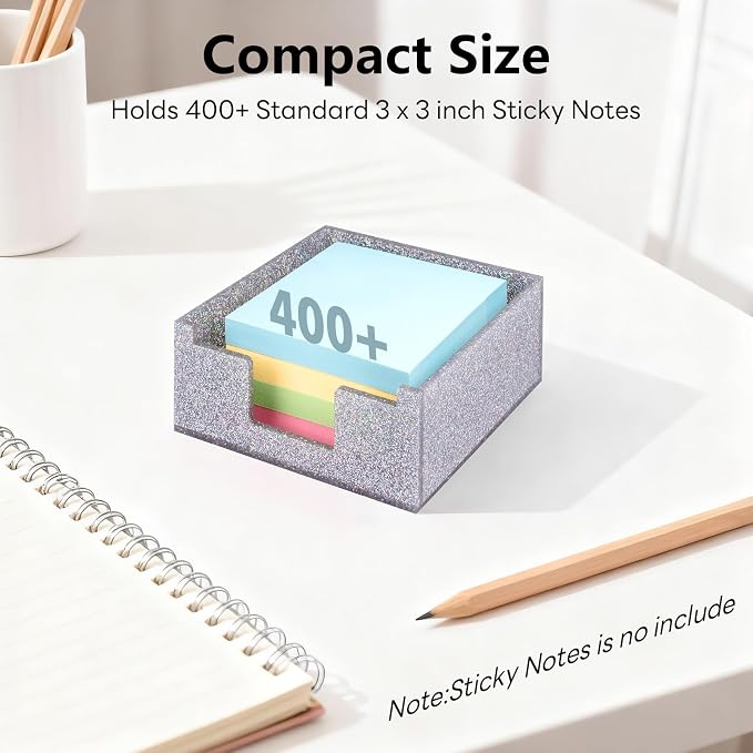 Silver Sparkling Sticky Note Holder, Glitter Acrylic Organizer, 3.94 x 3.94 in Multi-Use Tray for Office, School & Home Desk