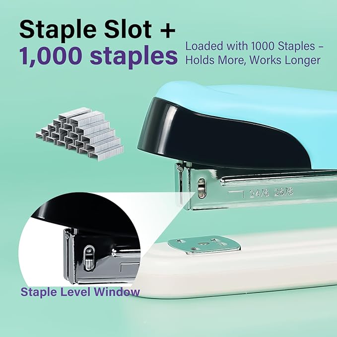 Metal Stapler, 6.5-Inch Desktop Stapler, 25 Sheet Capacity, Includes 1000 Staples for Office Durable Use (1, Green)