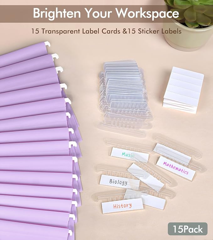 Plastic Hanging File Folders Letter Size, Colored Hanging File Folders with Tabs, Durable Waterproof Plastic Hanging Folders for Filing Cabinets, Office, School & Home Organization (15, Purple)