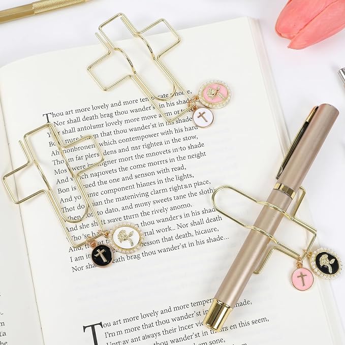 Wxiben Cross Paper Clip Bookmark - 3 Pcs Rose Metal Paperclip Pen Holder Book Mark with Charms Page Marker Planner Decorative Paper Clips Gifts for Women Reading Book Lover School Accessories
