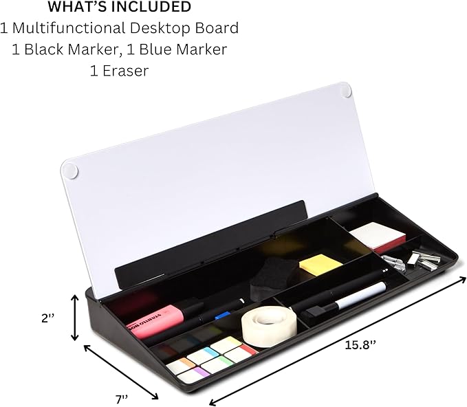 GAROOD Desktop Dry Erase Board with Storage (Black Base) Desk White Board Desk Board Glass Desktop White Board with Stand Home Office Organizer Phone Holder 15.8X7X2 inches