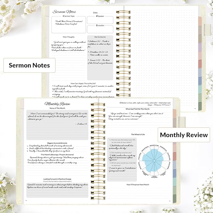 SUNEE Christian Planner - Undated 12 Month Bible Journal and Prayer Planner A5 Spiral Bound, Monthly & Weekly Christian Organizer Gifts for Women Men (Beige)