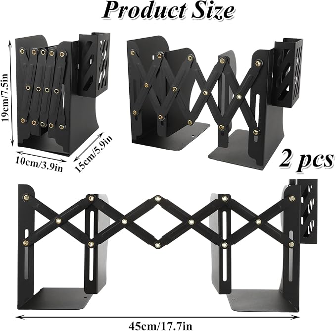 SHUESS 2 Pack Adjustable Bookends Expandable Metal Bookends for Heavy Books, 2 Dividers, Heavy Duty Book Ends to Hold Books with Pen Holder for Office, School, Bookstore, Home
