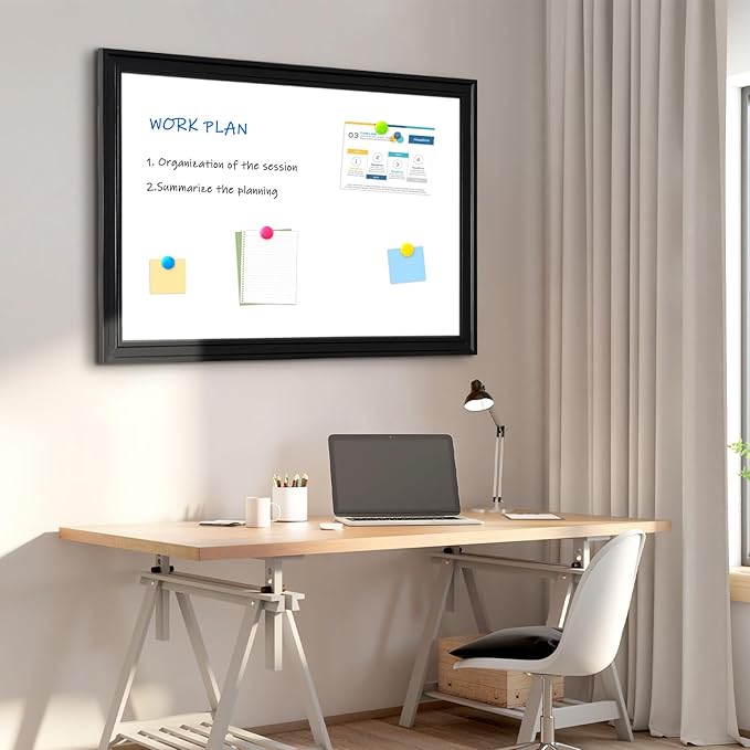 4 THOUGHT Magnetic Whiteboard 36" x 24" Dry Erase Board Wood Frame Wall-Mounted Decorative White Board Monthly Planner Notice Board for Office School Home with 8 Magnets 4 Markers 1 Eraser, Black