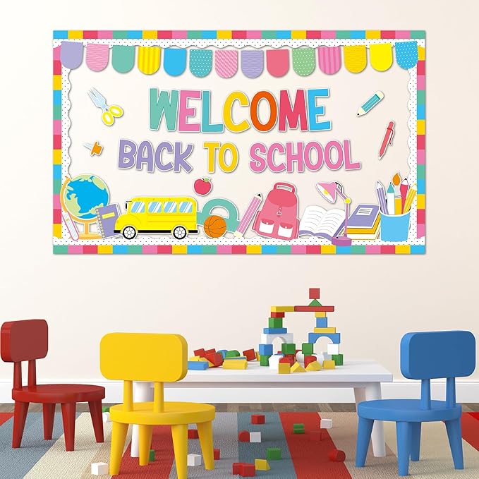 Justforjoyful Welcome Back to School Bulletin Board Classroom Decorations Colorful Welcome Banner Cutouts Wall Door Decor Chalkboard Sign for First Day of School Classroom Party