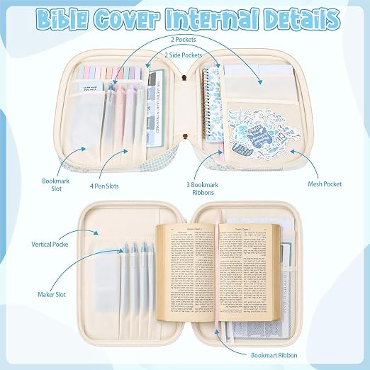 Capoda Bible Cover Case for Women, Bible Tote Bibles Study Supplies with Notebook Highlighters Ballpoint Pen Sticky Notes Scripture Card for Mother's Day Christian Gifts Women Mom Girls(Patch,Blue)