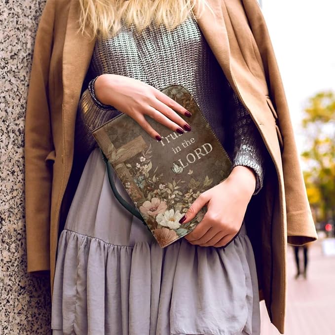 Vintage Style Brown Floral and Cross Bible Case with Bookmark Waterproof Bible Cover Case for Women Lightweight Bible Bag with Handle Pockets Church Book Bag