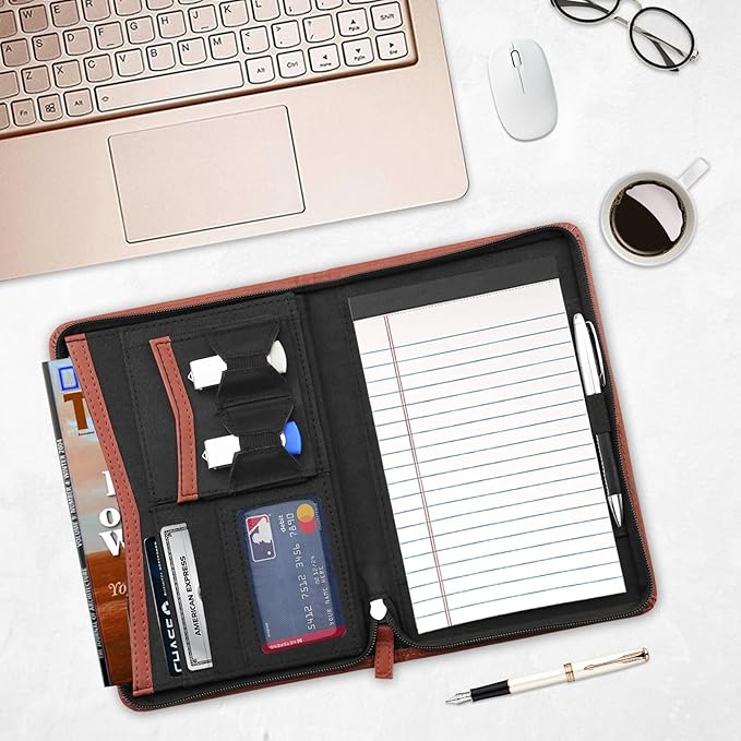 Junior Padfolio/Resume Portfolio Binder with Refillable Lined Notepad, A5 Padfolio Folder, Business Portfolio, Multi-Function Case, A5 Writing Pad Included,Brown.