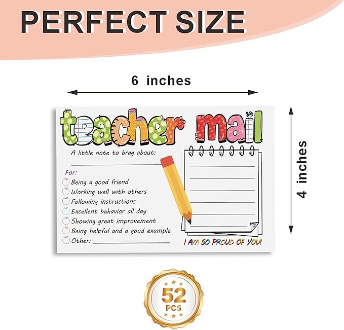 52PCS Teacher Happy Mail Notes to Parents, Positive Behavior Incentive Cards for Classroom, Motivational Reward Notes for Preschool Kindergarten Elementary Teachers