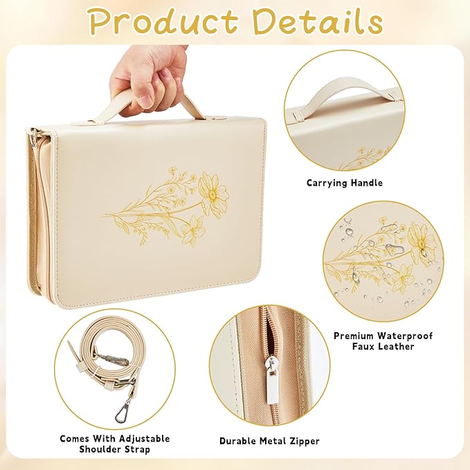 19PCS Floral Beige Leather Bible Cover for Women Bible Cover Cases for Teen Girls Christmas Gift Christian Church Carrying Bag Journaling Kit with Shoulder Strap Highlighter Pens & Book Marker