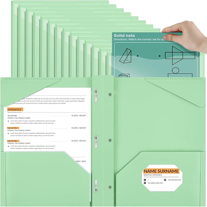 Henoyso 36 Pcs Plastic Folder with Clear Front Pocket and 3 Prong Plastic Folders with Card Slot Pocket Folders with Prongs for School Office (Light Green)