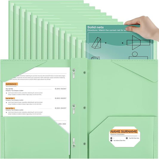 Henoyso 36 Pcs Plastic Folder with Clear Front Pocket and 3 Prong Plastic Folders with Card Slot Pocket Folders with Prongs for School Office (Light Green)