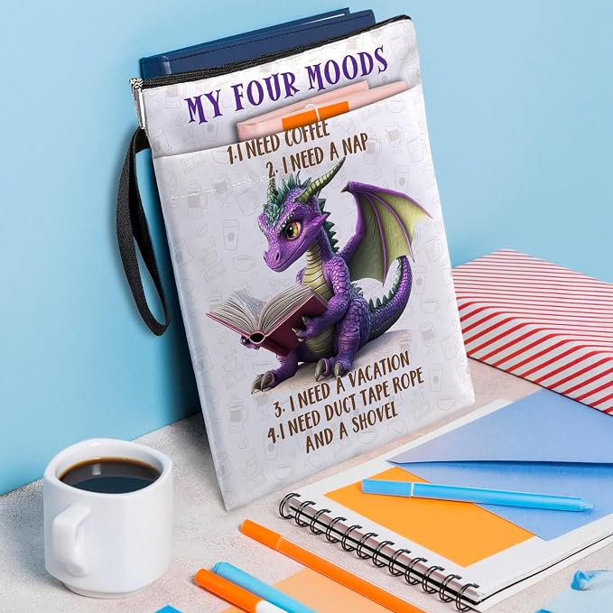 Purple Dragon Book Cover, Waterproof Book Sleeve with Zippered Front Pocket Retro Flowers Book Pouch for Book Lovers, Christmas, Birthday, Graduation Gifts (Purple Dragon, Large)
