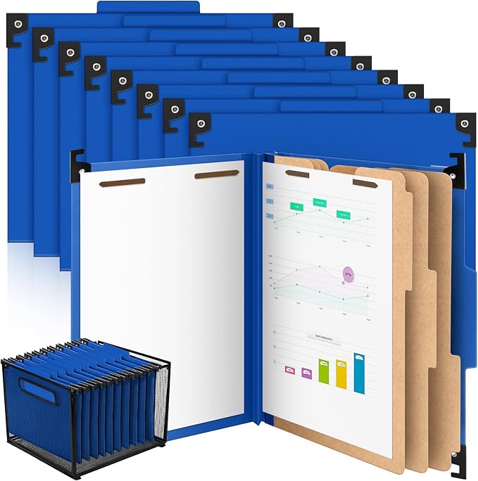 Henoyso 15 Pcs Hanging Classification File Folders, Letter Size Dark Blue Folders with 3 Pressboard Dividers, 8 Fasteners, 4 Inch Expansion, 1/3-cut Top Tab for Medical Records and File Cabinet