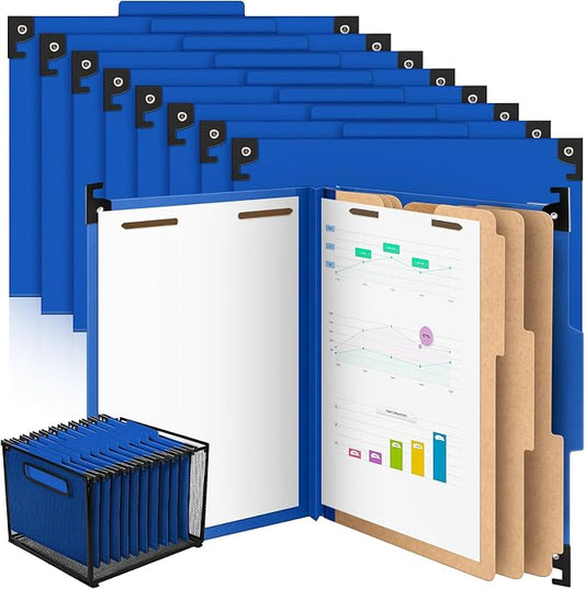 Henoyso 15 Pcs Hanging Classification File Folders, Letter Size Dark Blue Folders with 3 Pressboard Dividers, 8 Fasteners, 4 Inch Expansion, 1/3-cut Top Tab for Medical Records and File Cabinet