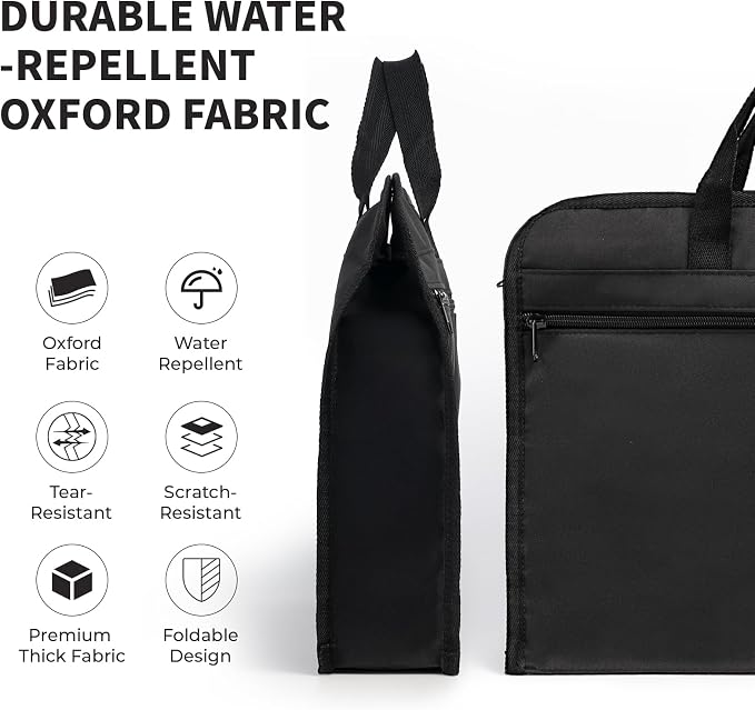 M&G 12x15 in Large Zipper Pouch with Handle, A4 Foldable Heavy-Duty Waterproof Oxford Zipper Document Bag, File Organizer for Office Travel Books Papers Filing Folder, Double Layer 1 Pack (Black)