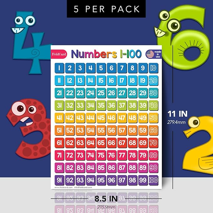 Numbers 1-100 Chart for Preschool to Grade 1 Kids – Bright and Colorful Educational Visual/Learning Aid Poster Decoration for Classroom or Home | Glossy Durable Cardstock | 8.5" x 11" | 5 per Pack