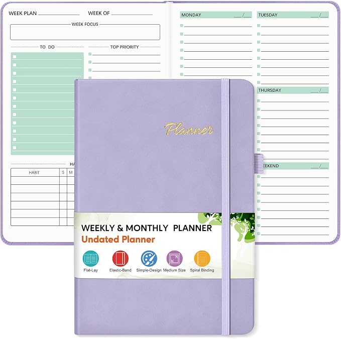 Undated Weekly and Monthly Planner, Hardcover Leather Calendar Blank Planner, Simplified To Do List Notebook with Goal & Habit Tracker Organizer, A5 Daily Weekly Planner for Work School Home, Purple