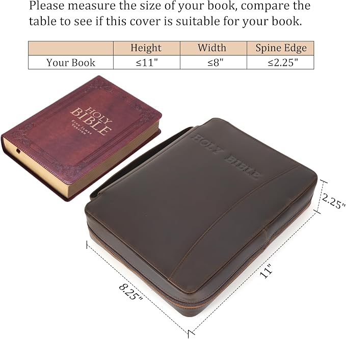 Polare Full Grain Leather Holy Bible Cover Church Bag 11x8.25x2.25 inch Bible Carrying Book Case Protective Organizer Holder