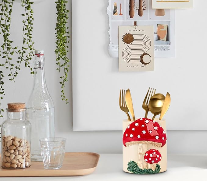 dgudgu Mushroom Resin Pencil Holder & Pen Organizer - Cute Desk Pencil Holders With Multiple Compartments