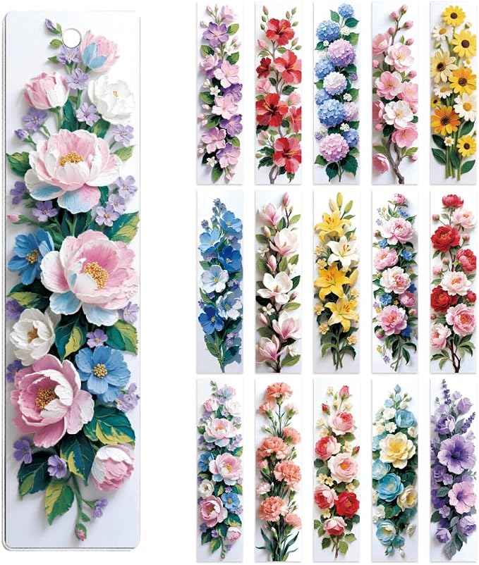 Peacoblue 30pcs UV DTF Bookmarks Transfer Stickers Wraps 3D Flowers for Women Men Reading, Waterproof Bookmarkers Decal(No Blank Bookmarks) for Acrylic Plastic Metal Blank Bookmark