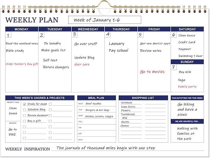 Large Weekly Planner - 17" x 12" Spiral Weekly Calendar, 52 Weekly Goals Schedule Planner for Planning and Organizing Family Activities, Meal Tracker, Undated