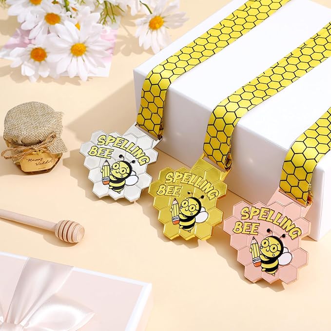 3 Pcs Spelling Bee Medals Honeycomb Gold Silver Bronze Spelling Bee Trophy Awards with Neck Ribbon for Kids Adults Competitions Party Supplies